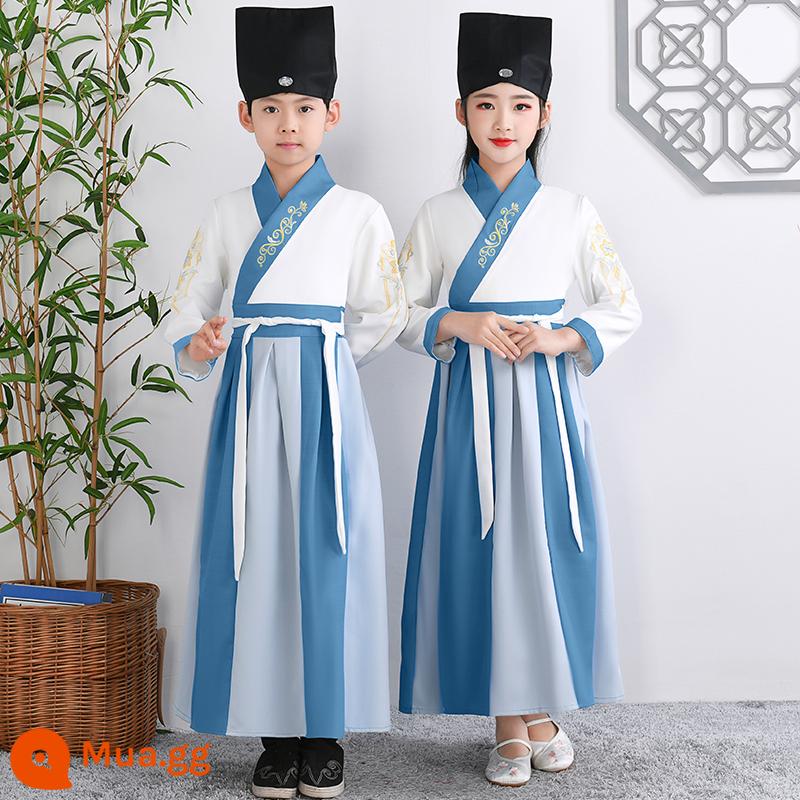 Hanfu trẻ em Sách phong cách Trung Quốc dành cho nam sinh Trường Quốc gia Quần áo trẻ em Trường tiểu học Trang phục cổ dài tay Trang phục nữ Sáu một - Tay áo thẳng khâu hồ xanh cho nam và nữ + mũ