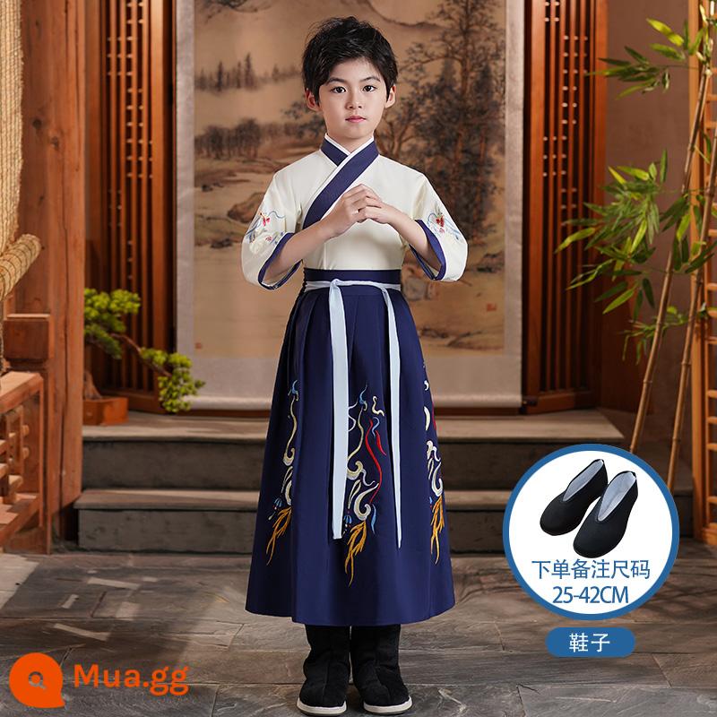 Hanfu trẻ em Sách phong cách Trung Quốc dành cho nam sinh Trường Quốc gia Quần áo trẻ em Trường tiểu học Trang phục cổ dài tay Trang phục nữ Sáu một - Giày nam ngắn tay màu be xanh đậm phong cách tốt lành + giày vải đen (vui lòng lưu ý kích thước)