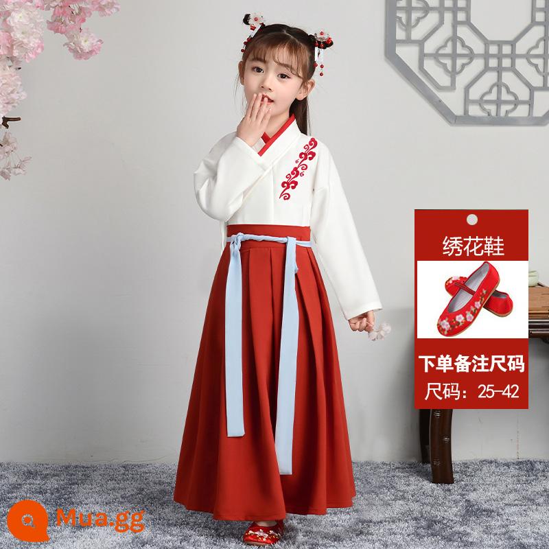 Hanfu trẻ em Sách phong cách Trung Quốc dành cho nam sinh Trường Quốc gia Quần áo trẻ em Trường tiểu học Trang phục cổ dài tay Trang phục nữ Sáu một - Áo dài tay nữ + giày thêu màu đỏ (size note)