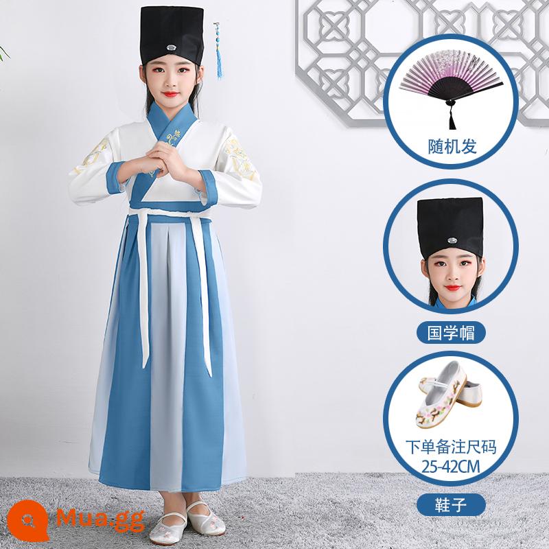 Hanfu trẻ em Sách phong cách Trung Quốc dành cho nam sinh Trường Quốc gia Quần áo trẻ em Trường tiểu học Trang phục cổ dài tay Trang phục nữ Sáu một - Mẫu nữ tay thẳng khâu hồ xanh + mũ + quạt + giày thêu trắng