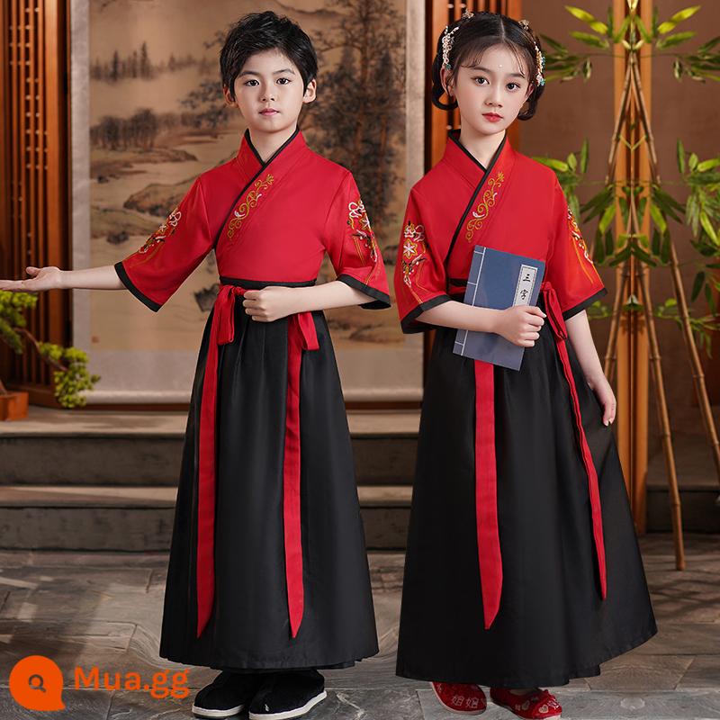 Hanfu trẻ em Sách phong cách Trung Quốc dành cho nam sinh Trường Quốc gia Quần áo trẻ em Trường tiểu học Trang phục cổ dài tay Trang phục nữ Sáu một - Tay áo ngắn Ruyi lớn màu đỏ [Phong cách giống nhau cho nam và nữ]