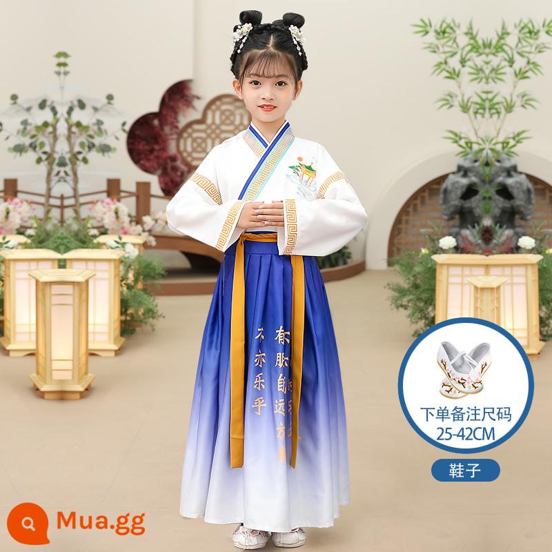 Hanfu trẻ em Sách phong cách Trung Quốc dành cho nam sinh Trường Quốc gia Quần áo trẻ em Trường tiểu học Trang phục cổ dài tay Trang phục nữ Sáu một - Phong cách nữ tay thẳng Shengyi + Giày thêu trắng