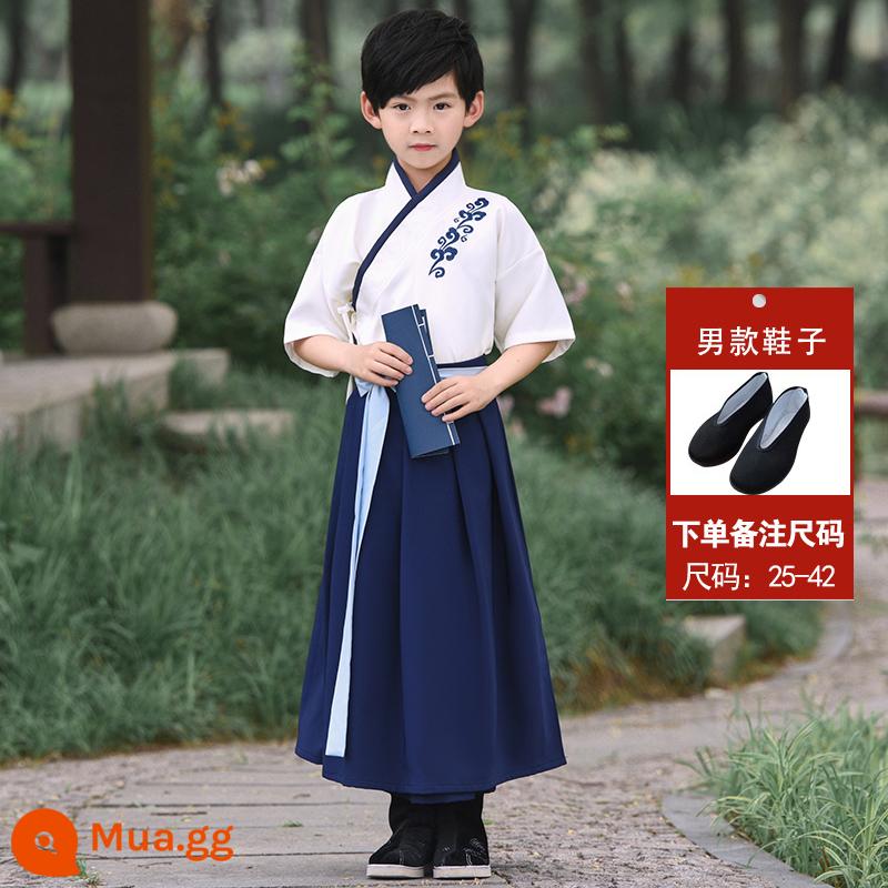 Hanfu trẻ em Sách phong cách Trung Quốc dành cho nam sinh Trường Quốc gia Quần áo trẻ em Trường tiểu học Trang phục cổ dài tay Trang phục nữ Sáu một - Sơ mi nam ngắn tay (áo + váy xanh) + giày vải đen (size note)