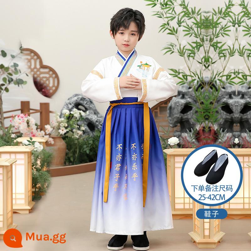 Hanfu trẻ em Sách phong cách Trung Quốc dành cho nam sinh Trường Quốc gia Quần áo trẻ em Trường tiểu học Trang phục cổ dài tay Trang phục nữ Sáu một - Giày nam tay thẳng Shengyi + giày vải đen