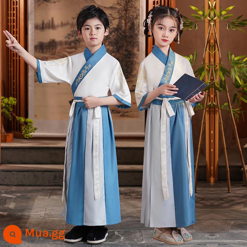 Hanfu trẻ em Sách phong cách Trung Quốc dành cho nam sinh Trường Quốc gia Quần áo trẻ em Trường tiểu học Trang phục cổ dài tay Trang phục nữ Sáu một - Tay áo ngắn phối màu xanh hồ [Cùng kiểu cho nam và nữ]