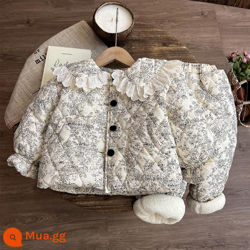 Bộ Đồ Ngủ Trẻ Em 2023 Mới Mùa Thu Đông Làm Dày Nữ Nhung Nhà Quần Áo Bé Gái Cotton 3 Lớp Mùa Đông - Hoa đen nền trắng