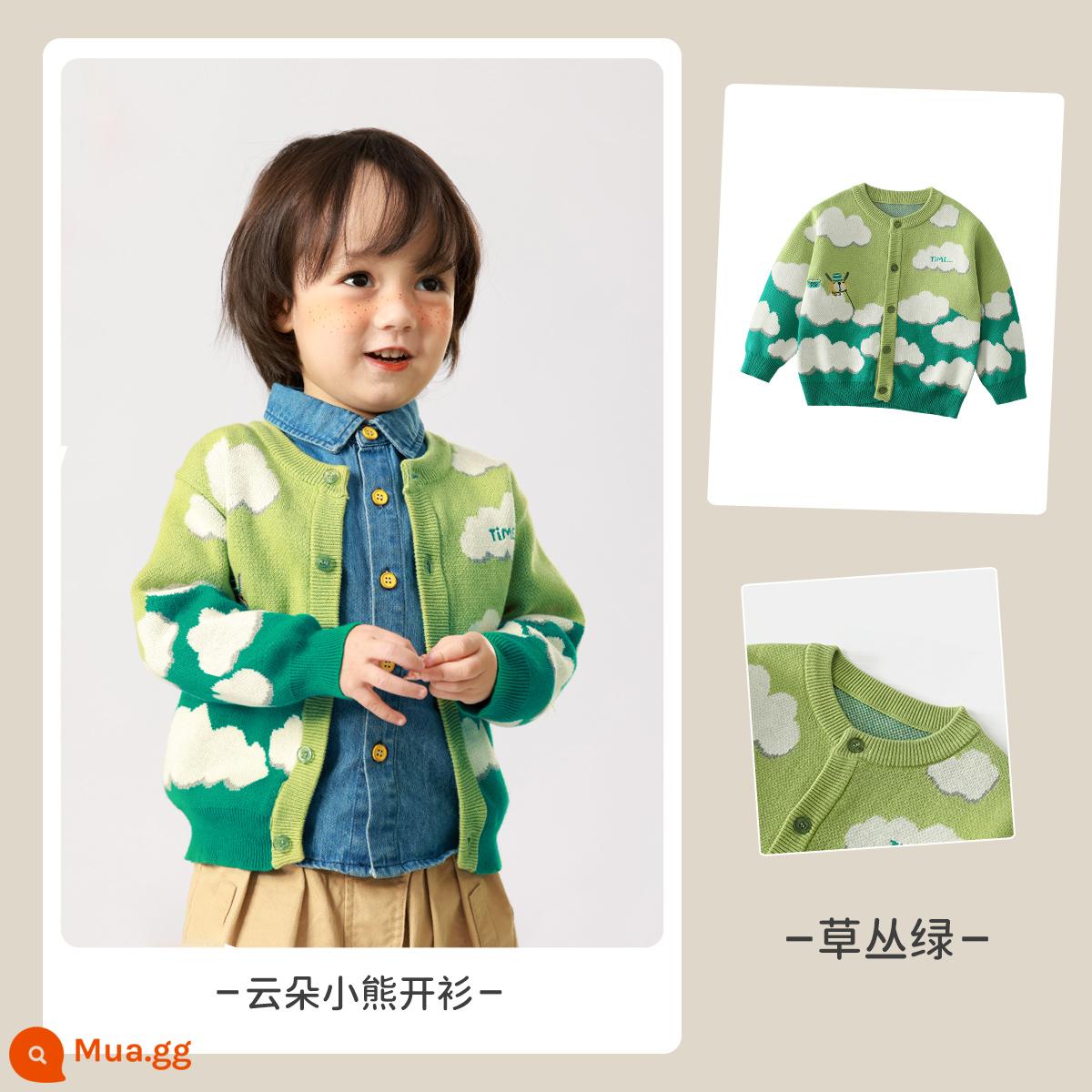 Tề Tề Hùng Bé Áo Len Dệt Kim Cardigan Cotton Nguyên Chất 2023 Mới Bé Trai Áo Len Dệt Kim Áo Len Trẻ Em Mùa Xuân Cổ Cho Phù Hợp Với - Áo len màu xanh cỏ