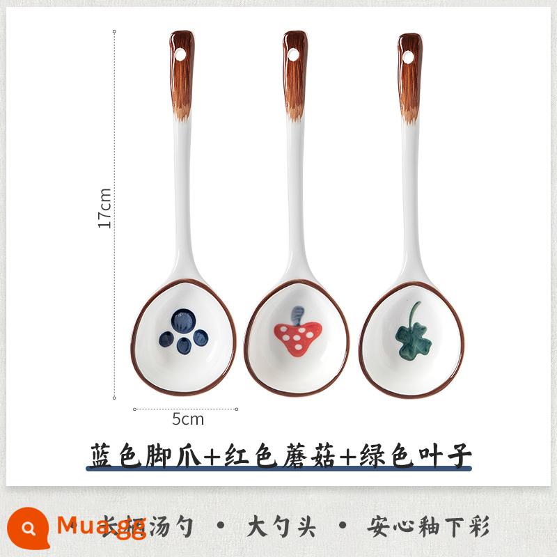 Thìa gốm sứ thìa cơm Nhật Bản hoạt hình dễ thương Ins thìa hộ gia đình underglaze màu bộ đồ ăn tay cầm dài Plus thìa lớn thìa - Móng xanh + nấm đỏ + lá xanh