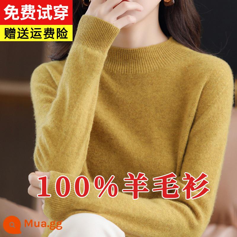 Ordos 100% len ngắn mùa thu đông nữ dáng rộng áo len chui đầu dệt kim cashmere đáy áo sơ mi - màu vàng