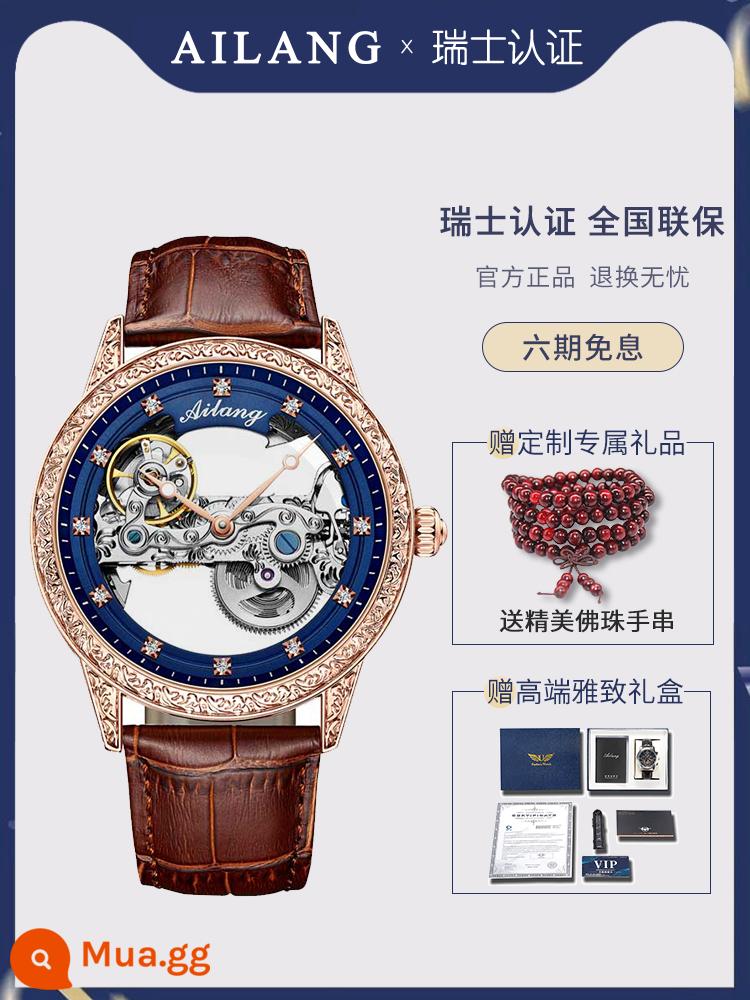 Đồng Hồ Chính Hãng Thụy Sĩ Tourbillon Rỗng Nam Siêu Mỏng 2023 Đồng Hồ Cơ Tự Động Mới Đồng Hồ Nam Công Nghệ Đen - Thắt lưng vòng màu xanh vỏ hoa hồng (phiên bản nâng cấp của bộ chuyển động rỗng dập nổi, dây đeo bằng da tùy chỉnh miễn phí)