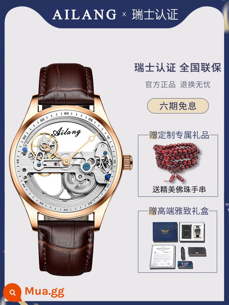 Đồng Hồ Chính Hãng Thụy Sĩ Tourbillon Rỗng Nam Siêu Mỏng 2023 Đồng Hồ Cơ Tự Động Mới Đồng Hồ Nam Công Nghệ Đen - Thắt lưng hình tròn màu trắng vỏ hoa hồng (chuyển động rỗng hai mặt, dây đeo bằng da tùy chỉnh miễn phí)