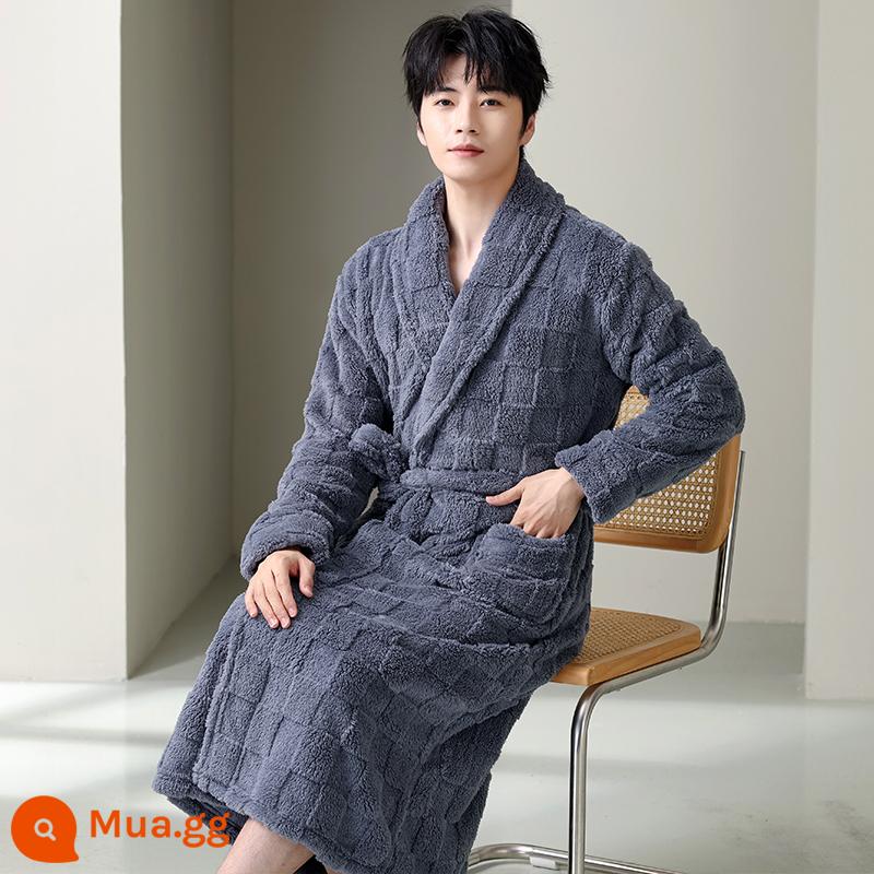 Váy ngủ pyjama mùa đông nữ áo choàng tắm flannel dày mùa xuân và mùa thu cộng với nhung kéo dài cặp đôi nam áo choàng tắm lông cừu san hô - LY-7704 xanh xám