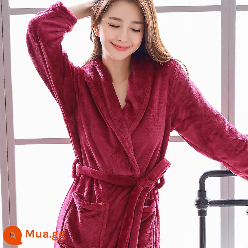 Váy ngủ pyjama mùa đông nữ áo choàng tắm flannel dày mùa xuân và mùa thu cộng với nhung kéo dài cặp đôi nam áo choàng tắm lông cừu san hô - Áo ngủ màu tím hồng đỏ