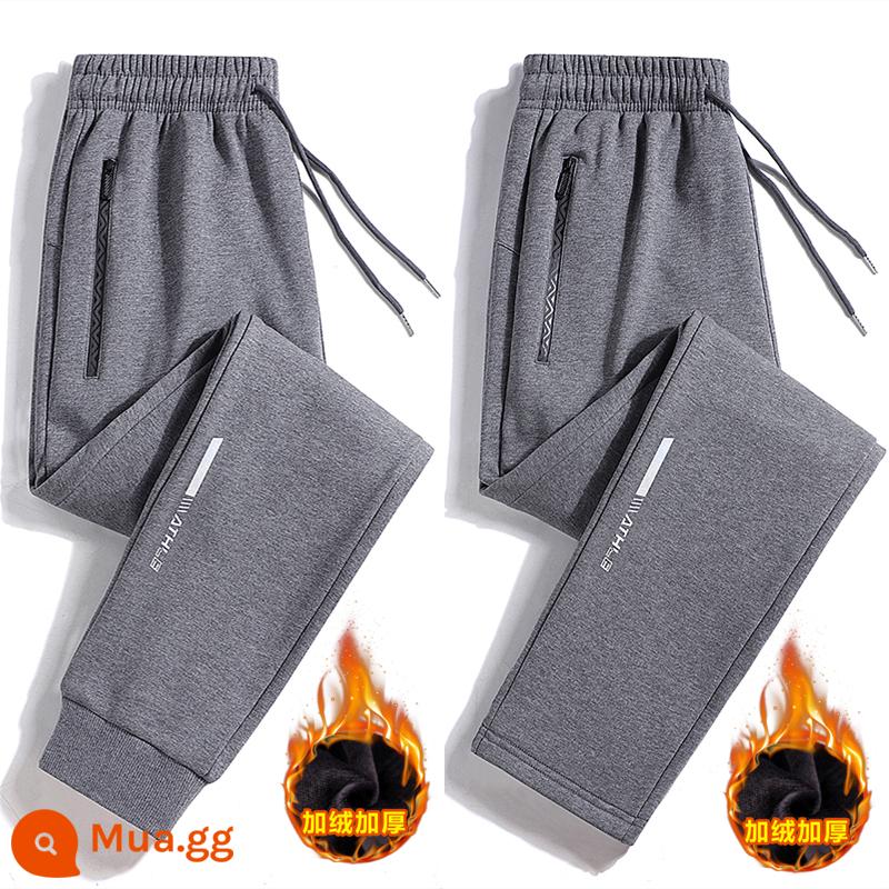 Quần Playboy nam xuân thu cotton nguyên chất thường ngày cỡ lớn quần legging thể thao 2023 quần thể thao rộng rãi và đa năng - Chân buộc màu xám + ống thẳng màu xám [cộng với nhung]