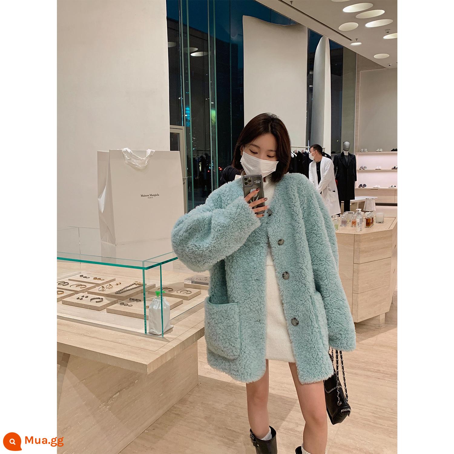 COCO Fur 'Winter Mint' Nhập Khẩu 100 Con Cừu Len Cừu Cắt Lông Cardigan Áo Khoác Nữ Mùa Đông - Bạc hà xanh