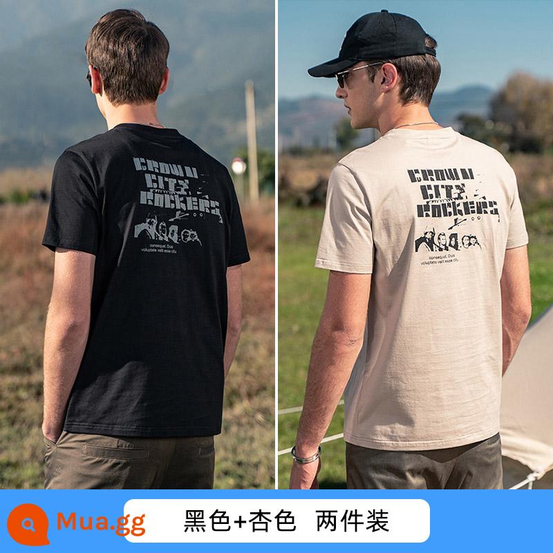 Yingjunlun cotton nam ngắn tay T-shirt thủy triều xu hướng thương hiệu nửa tay chạm đáy áo sơ mi chữ T-shirt quần áo mùa hè cao cấp - Đen + mơ (2 cái)