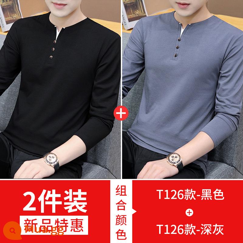 Nam Cực dài -Sleeved t -shirt Mùa xuân và mùa thu 2022 New V -neck Tide Brand Versatile bottom Shirt - 126 đen + 126 xám đậm