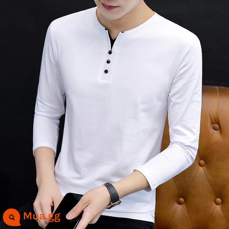 Nam Cực dài -Sleeved t -shirt Mùa xuân và mùa thu 2022 New V -neck Tide Brand Versatile bottom Shirt - 126 trắng