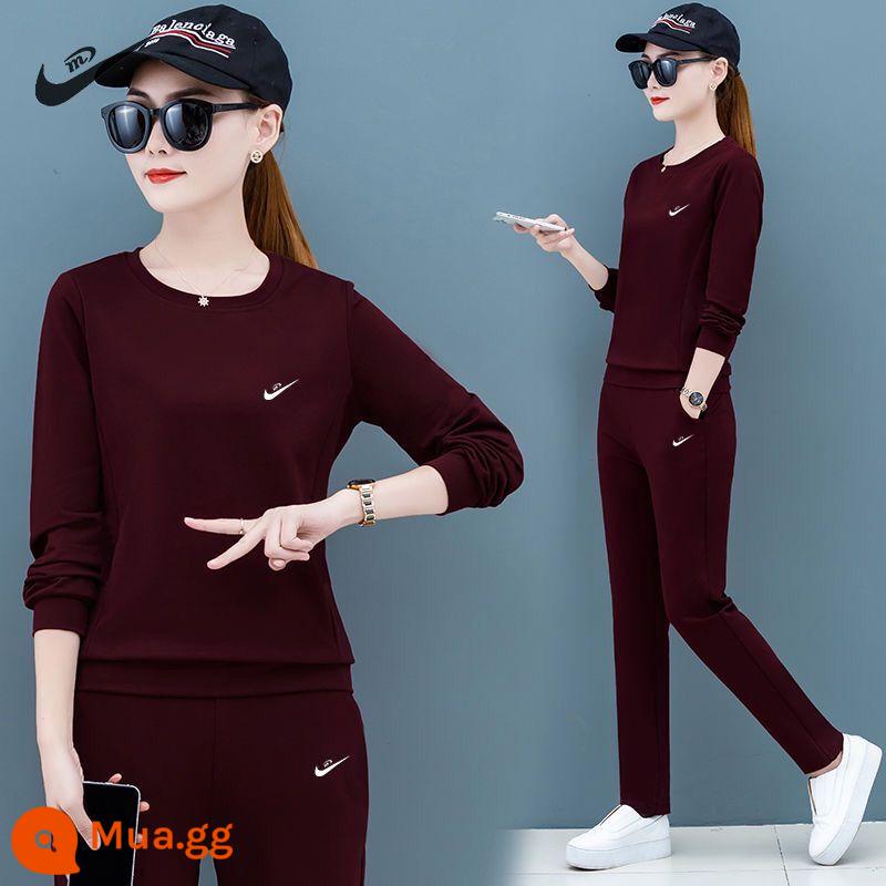 Trang web chính thức quầy thương hiệu bộ quần áo thể thao cotton thường ngày chính hãng cho nữ mùa xuân và mùa thu 2023 bộ hai mảnh chữ T cotton dày mới - Đỏ tía NK818