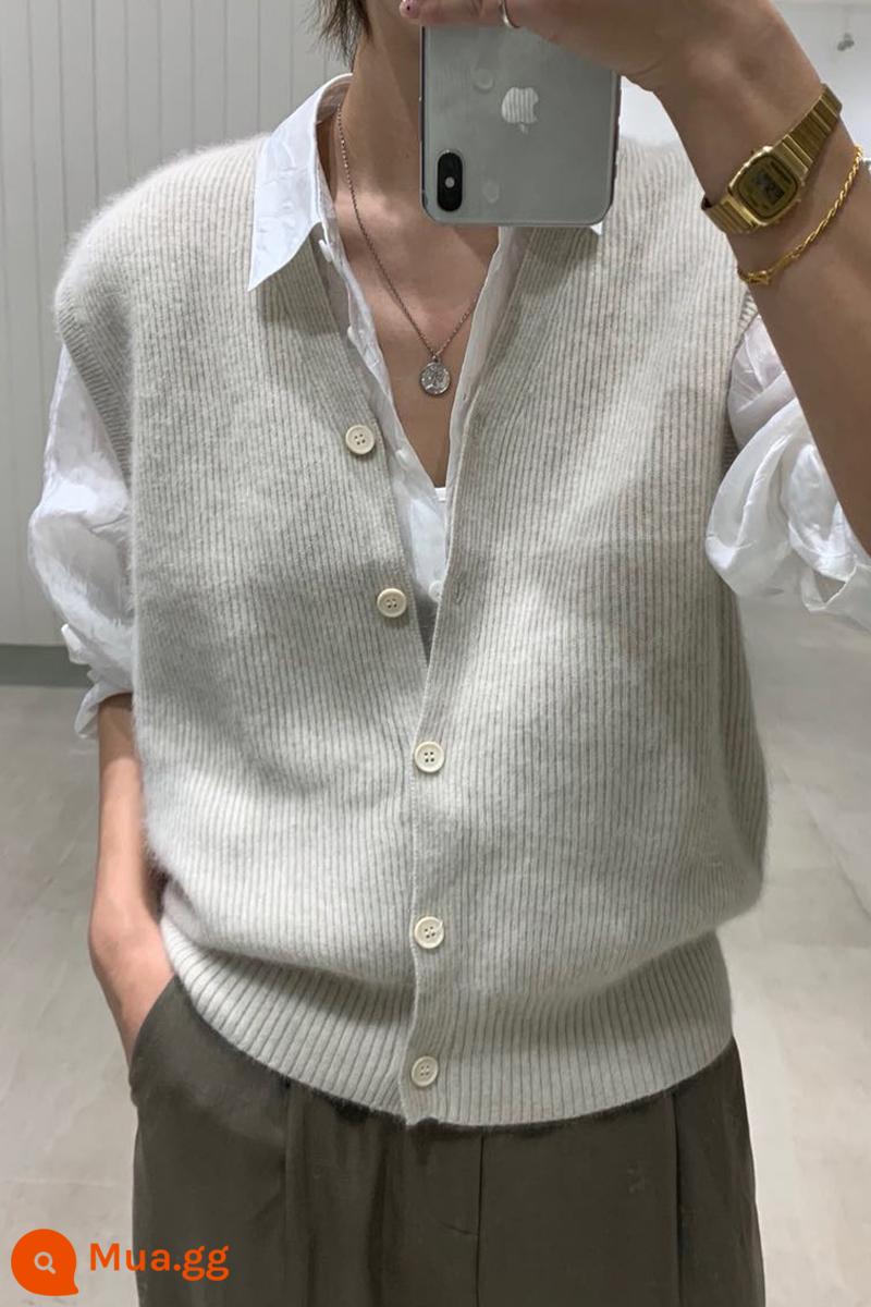 Áo vest cashmere, áo vest, áo len dệt kim, cổ chữ V nữ, phong cách Nhật Bản phóng khoáng, xuân thu, áo vest len nhiều lớp, áo vest và áo vest - xám nhạt