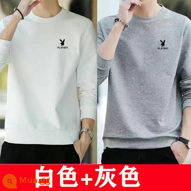 Playboy nguyên chất cotton giản dị cho nam mùa xuân và mùa thu áo thun cổ tròn dài tay áo thun nam nhung đáy áo sơ mi - Trắng + Xám [Pure Cotton 2-Pack] Kiểu thông thường