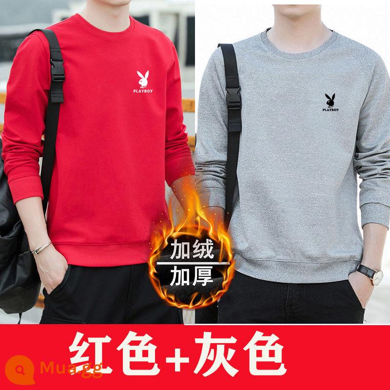 Playboy nguyên chất cotton giản dị cho nam mùa xuân và mùa thu áo thun cổ tròn dài tay áo thun nam nhung đáy áo sơ mi - Đỏ + Xám [Bộ 2 Cotton Nguyên Chất] Plus Phong Cách Nhung