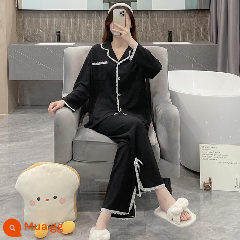 Bộ đồ ngủ mùa xuân và mùa thu dành cho nữ, cotton nguyên chất kích thước lớn, giản dị mới, có thể được mặc bên ngoài thời trang Internet, bộ đồ phục vụ tại nhà cao cấp theo phong cách người nổi tiếng - OA-S1340-ren đen