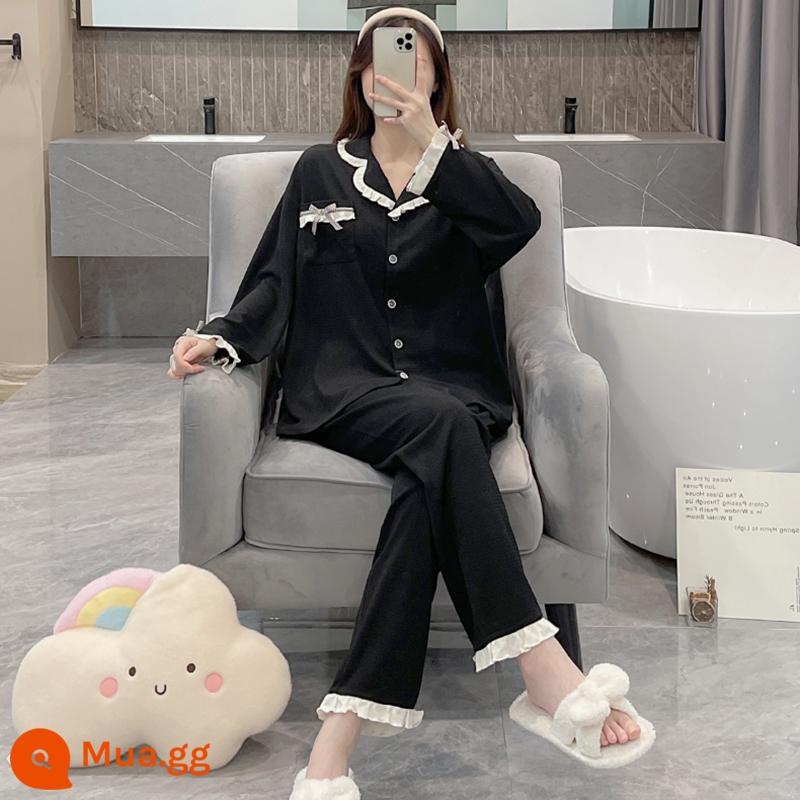 Bộ đồ ngủ mùa xuân và mùa thu dành cho nữ, cotton nguyên chất kích thước lớn, giản dị mới, có thể được mặc bên ngoài thời trang Internet, bộ đồ phục vụ tại nhà cao cấp theo phong cách người nổi tiếng - OA-S1339-đen