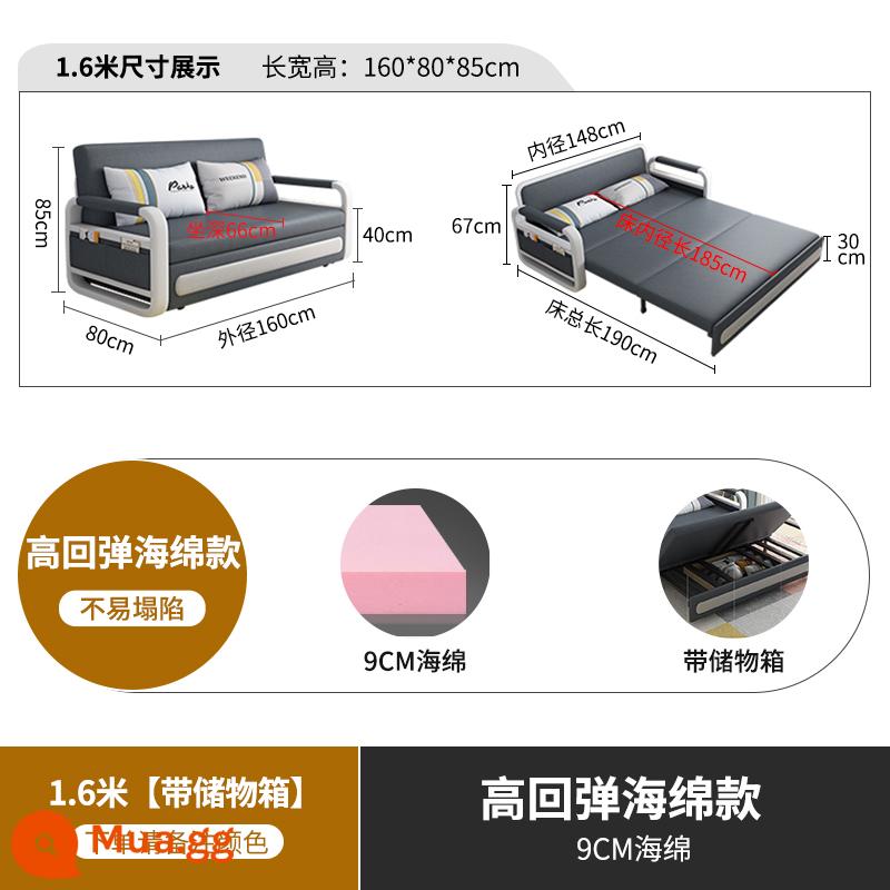 Công nghệ giường sofa vải căn hộ nhỏ đa chức năng có thể gập lại lưu trữ kính thiên văn phòng khách hiện đại đơn giản đôi đơn sử dụng kép - Mô hình miếng bọt biển dài 1,6m + ngăn đựng đồ dưới gầm giường