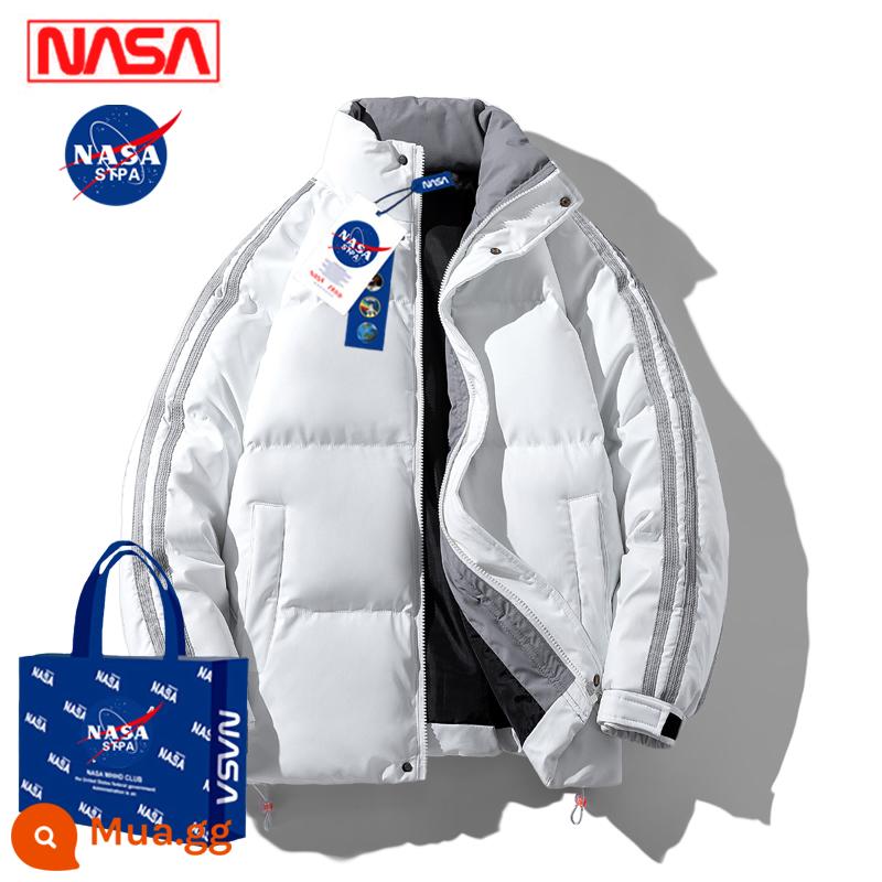 Áo khoác lông vũ đồng thương hiệu của NASA Áo khoác cotton mùa đông nam dày dặn hợp thời trang cỡ lớn cổ đứng áo khoác nam áo khoác nam - Trắng [hai sọc] [dày và ấm]