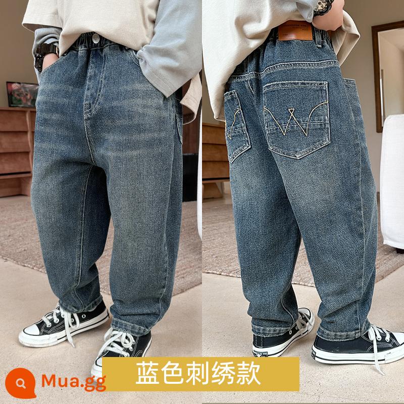 Zhen Pinxuan Quần Áo Trẻ Em Bé Trai Jeans Xuân Thu Quần Trẻ Em 2023 Mới Quần Áo Thu Đông Thường Ngày Quần Bé Trai Hợp Thời Trang - thêu màu xanh