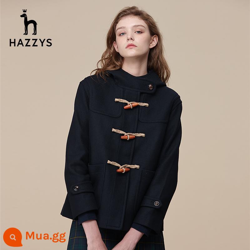 Hazzys Haggis Ngắn Có Mũ Áo Khoác Len Nữ Thu Đông Thường Ngày Phong Cách Anh Quốc Thương Hiệu Áo Khoác Len - xanh hải quân