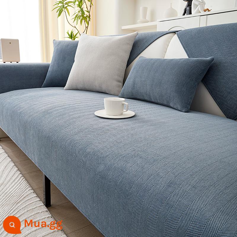 Voan Sofa Đệm Bốn Mùa Đa Năng Chống Trơn Trượt Đơn Giản Hiện Đại Ánh Sáng Sang Trọng Lưới Cao Cấp Màu Đỏ Ghế Sofa Bọc Vải - Họa tiết xương cá-xanh xám