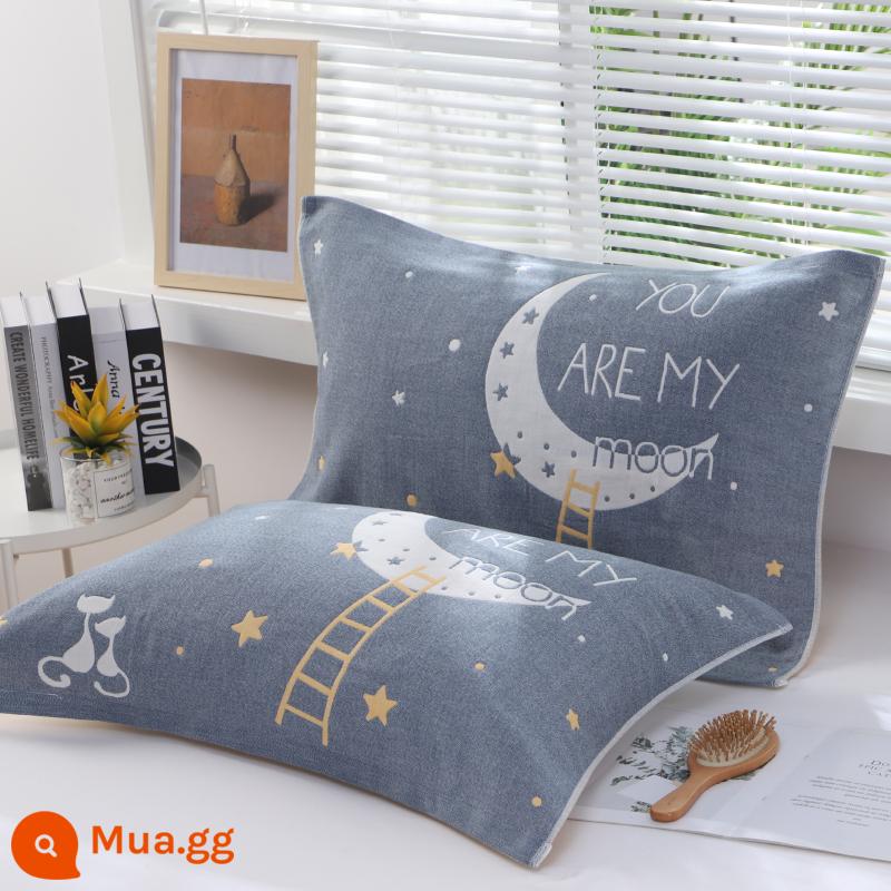 Khăn gối cotton nguyên chất cotton gạc dày vài gối đầu khăn một đôi người lớn Plus bốn mùa gối đơn bao khăn - Mèo trăng xanh 1 đôi