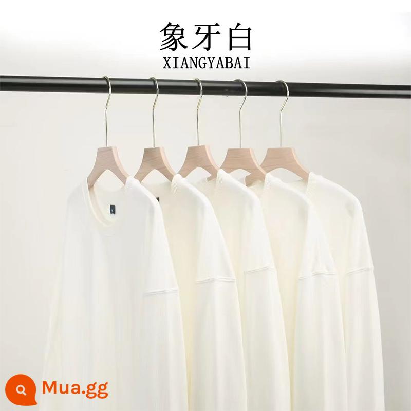 Áo thun cotton nguyên chất có in logo theo yêu cầu, quần áo làm việc bằng nhung mùa thu đông, đồng phục cổ tròn tùy chỉnh, tay dài, quần áo làm việc in theo yêu cầu - Ngà voi