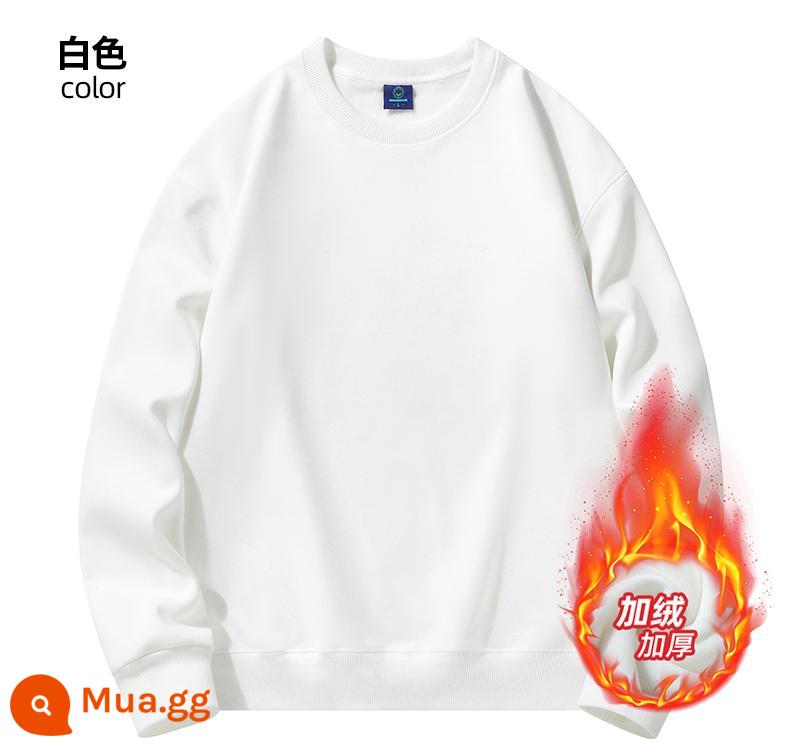 Áo thun cotton nguyên chất có in logo theo yêu cầu, quần áo làm việc bằng nhung mùa thu đông, đồng phục cổ tròn tùy chỉnh, tay dài, quần áo làm việc in theo yêu cầu - Màu trắng [Mẫu nhung dày]