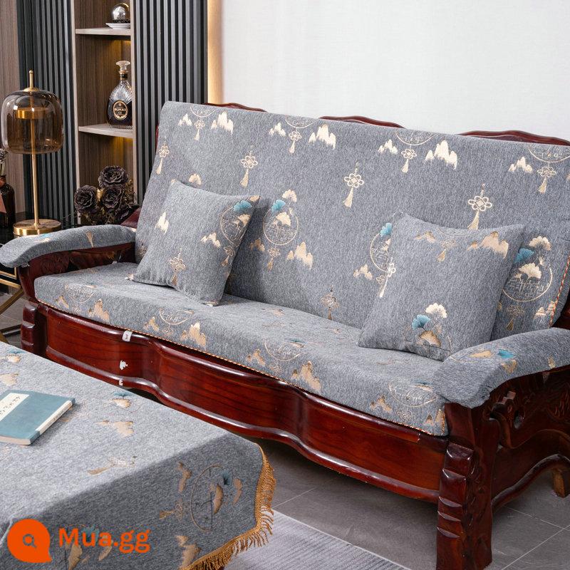 Đệm sofa gỗ gụ kiểu cũ bằng gỗ chắc chắn, ghế mùa xuân và mùa thu, ba người có tựa lưng, đệm xốp mật độ cao của Trung Quốc - Lá bạch quả màu xám