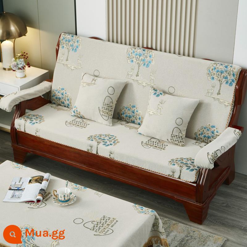 Đệm sofa gỗ gụ kiểu cũ bằng gỗ chắc chắn, ghế mùa xuân và mùa thu, ba người có tựa lưng, đệm xốp mật độ cao của Trung Quốc - mơ hươu rừng trắng nhạt