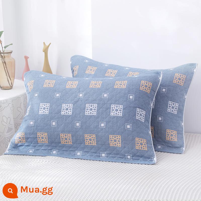 Khăn gối cotton nguyên chất cotton gạc dày vài gối đầu khăn một đôi người lớn Plus bốn mùa gối đơn bao khăn - Gian hàng cửa sổ vuông màu xanh 1 đôi