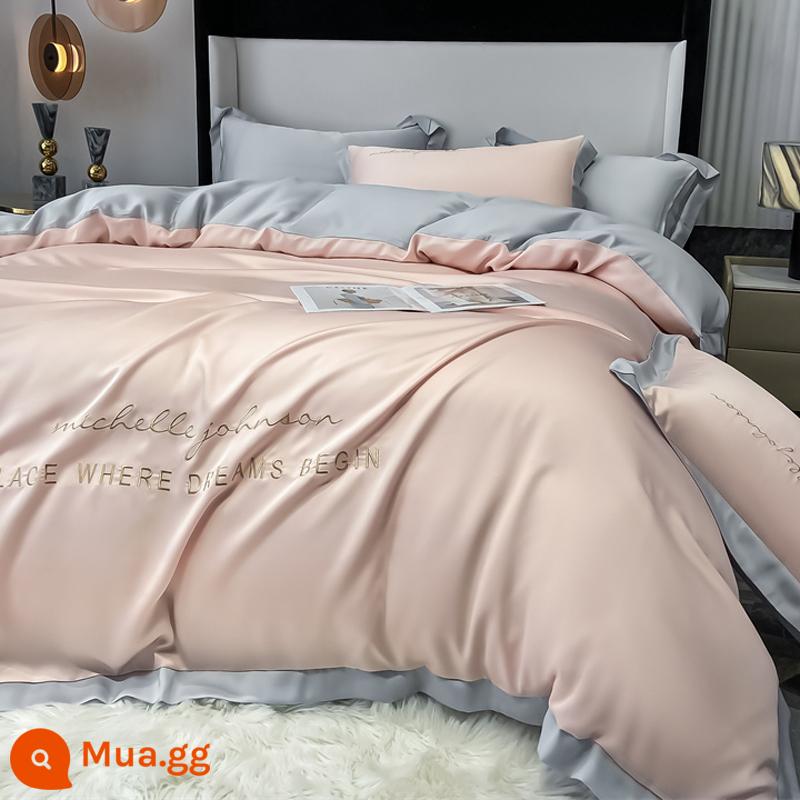 Lụa Băng Bộ 4 Món Nhẹ Sang Trọng Cao Cấp Mùa Hè Giường Vỏ Chăn Lụa Tencel Trang Bị Tấm 3 bộ Chăn Ga Gối - Bột lá Lisa-phong lữ (kiểu lụa băng)