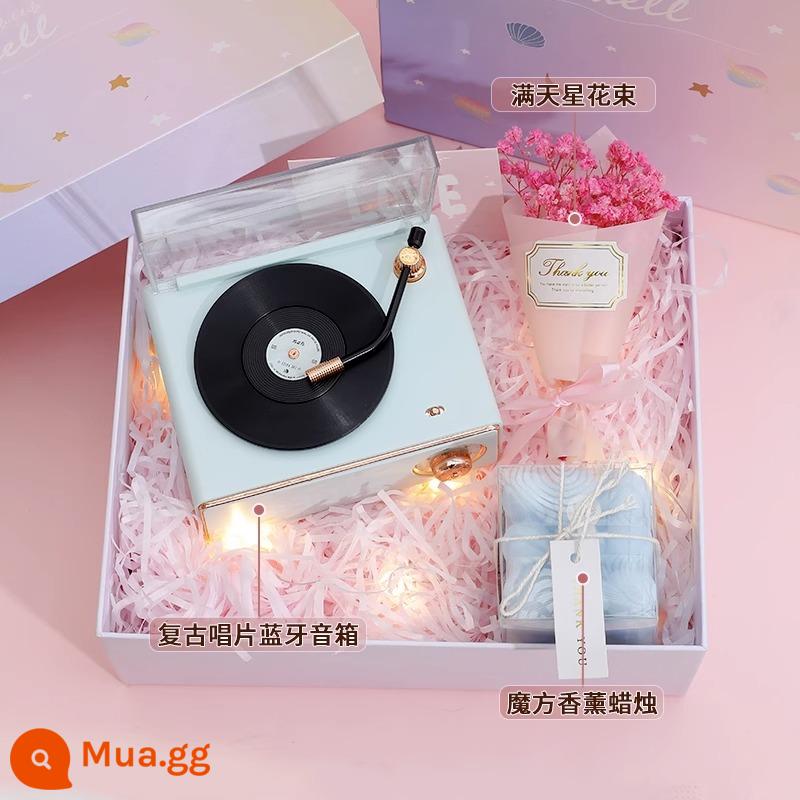 Báo động retro loa bluetooth loa không dây âm thanh nhỏ mini -heavy bass cao -trình ăn bản ghi vinyl chất lượng - Màu Xanh Nhạt + Nến Thơm [Hộp Quà Tinh Tế]