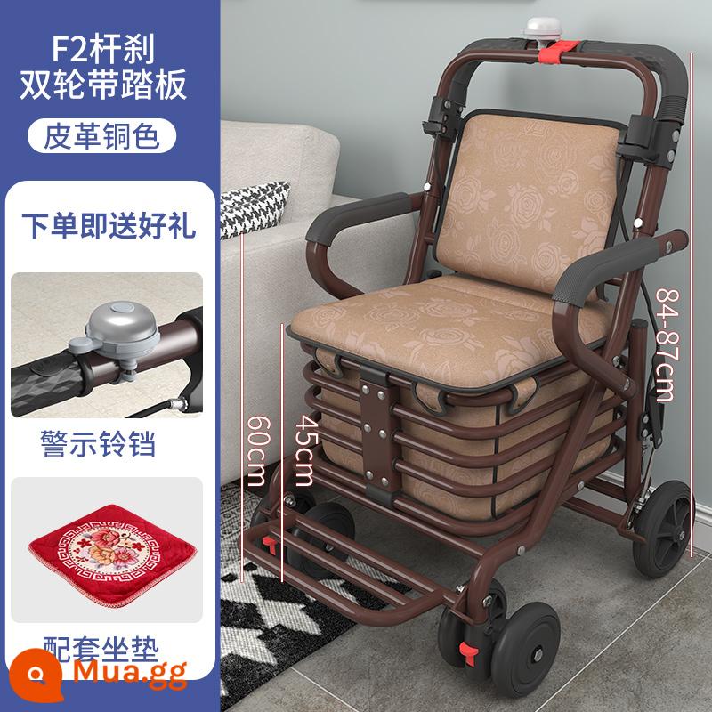 Xe trượt scooter dành cho người lớn di động dành cho người lớn tuổi, xe đẩy đựng đồ bốn bánh để mua hàng tạp hóa, xe đẩy hàng có thể gập lại, xe lăn - Không cần lắp đặt - Bánh xe đôi phanh đòn bẩy F2 có chuông và bàn đạp - da đồng