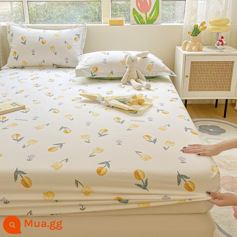 2023 cotton mới được trang bị ga trải giường một mảnh chống trượt 100 bộ ga trải giường bằng cotton nguyên chất cho trẻ em bao gồm tấm bảo vệ - hoa tulip