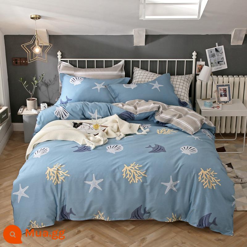 Đơn Giản Nguyên Chất 100 Cotton 4 Bộ Chăn Ga Gối Phong Cách Bắc Âu Đơn Ký Túc Xá Ga Giường Cotton Vỏ Chăn 3 Nam 4 - thế giới biển xanh