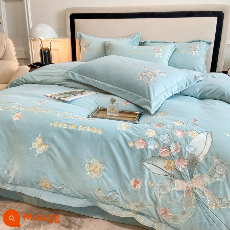 Vỏ sữa loại A Velvet Bốn bộ Velvet Velvet Three -chiều dài tấm chăn thêu trên giường cung cấp mặt bích Tấm dày 4 - Lanling Xanh Đầy Sao [Loại A Velvet]