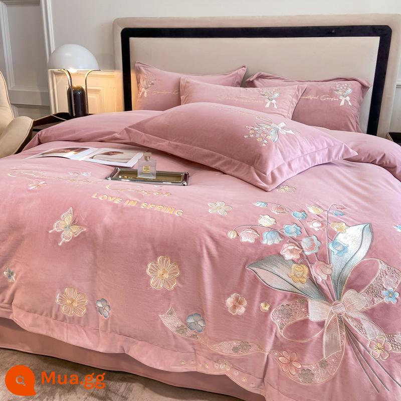 Vỏ sữa loại A Velvet Bốn bộ Velvet Velvet Three -chiều dài tấm chăn thêu trên giường cung cấp mặt bích Tấm dày 4 - Đậu dán màu Lanling [A loại nhung]