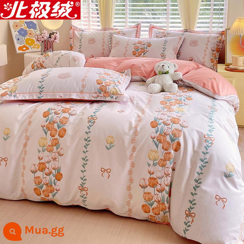 Nhung Bắc Cực Giường Bốn Bộ Cotton Nguyên Chất 100 Tờ Vỏ Chăn 3 Trang Bị Tấm Đơn Giản Chăn Ga Gối Mùa Đông 4 - Thư Thành Tiểu Hoa-Cam