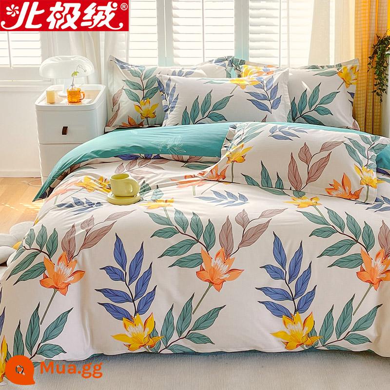 Nhung Bắc Cực Giường Bốn Bộ Cotton Nguyên Chất 100 Tờ Vỏ Chăn 3 Trang Bị Tấm Đơn Giản Chăn Ga Gối Mùa Đông 4 - Bạch Hoa Ngọc Tường