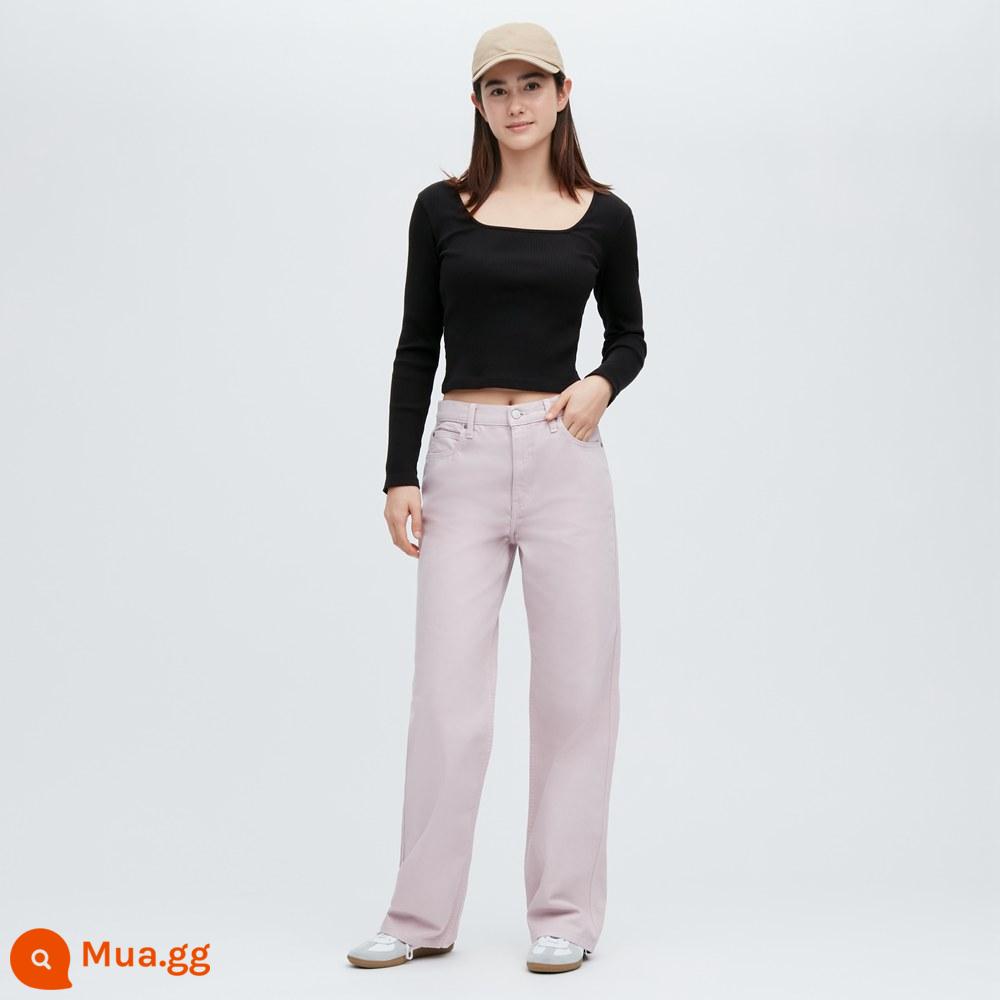 Áo phông ngắn cổ vuông sọc ngang cotton Uniqlo cho nữ (áo ngắn đáy ngắn cạp cao) 456002 UNIQLO - 09 màu đen