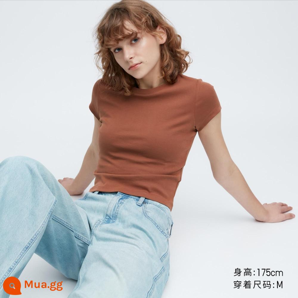 Áo thun nữ ngắn tay cổ tròn Uniqlo Hot Girl T (Cân cao, tay ngắn ôm sát) 455762 - 455762/35 nâu nhạt